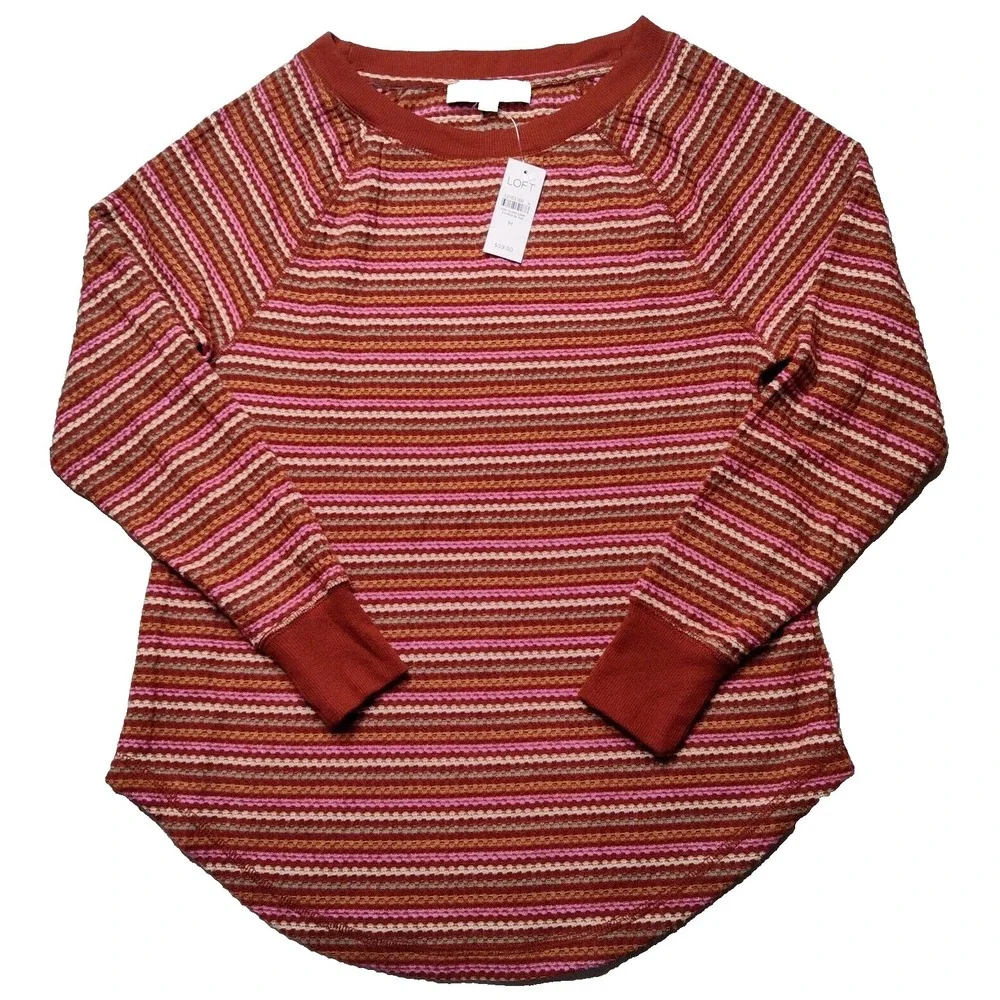 LOFT Women Medium Brick Pink Stripe Long Sleeve Lightweight Pullover Sweater NEW
